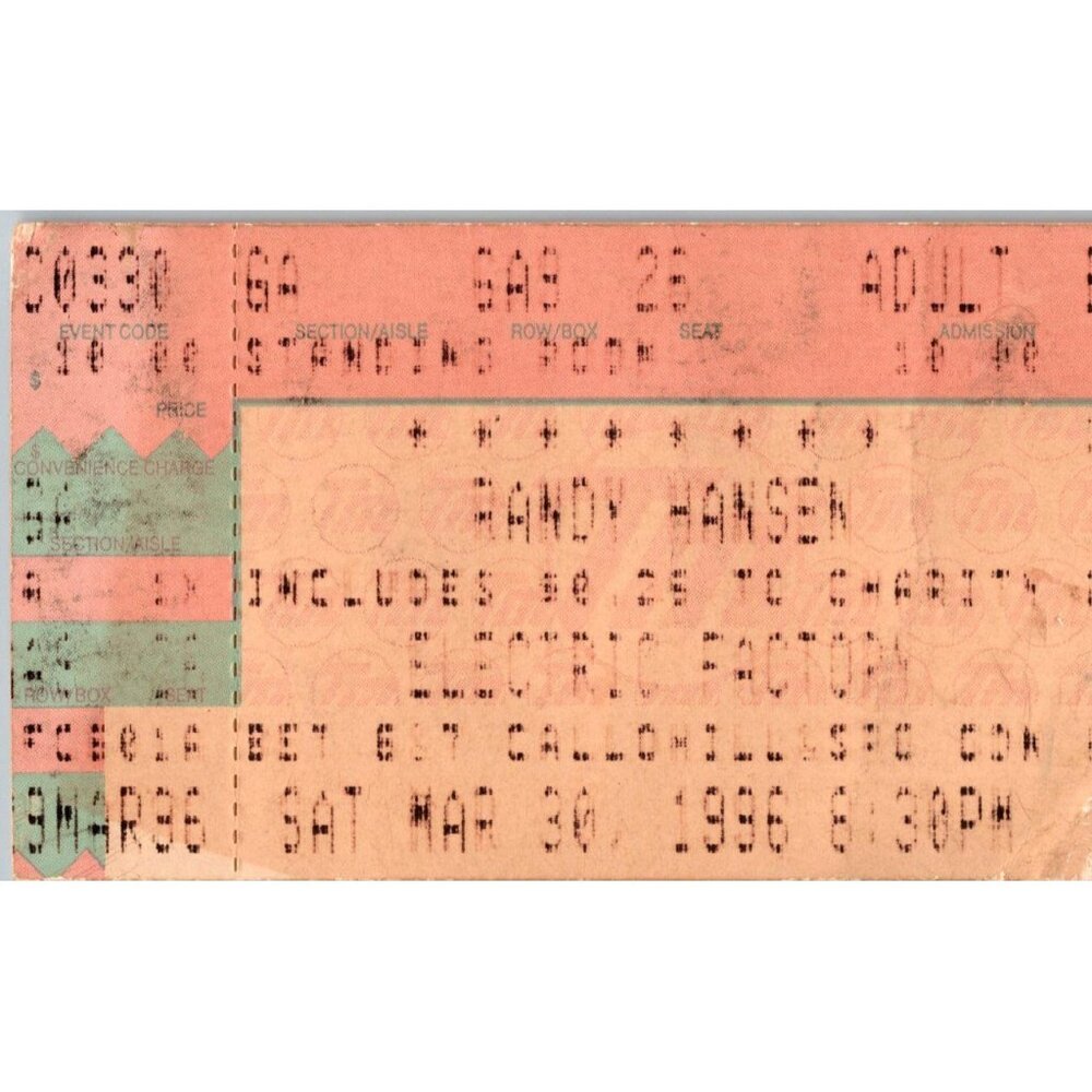 Vintage 1986 Randy Hansen Concert Ticket Stub